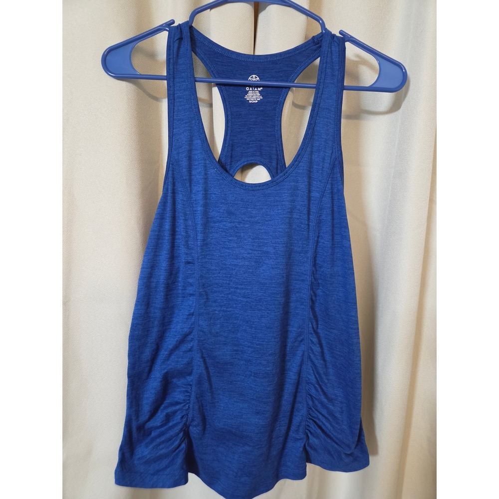 Gaiam Womens Blue Space Dye Racerback Yoga Tank Top Ruched Keyhole Small